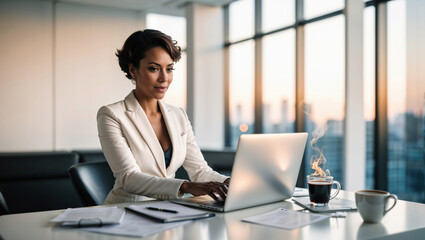 Businesswoman working on laptop with cityscape view at sunset