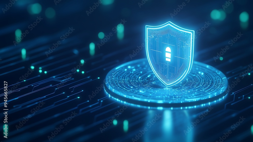 Poster digital shield representing cybersecurity protection in a futuristic technology setting with glowing