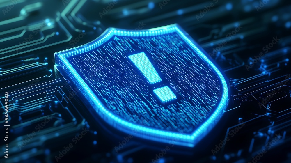 Poster digital shield symbol glowing on a circuit board, representing cybersecurity, data protection, and n