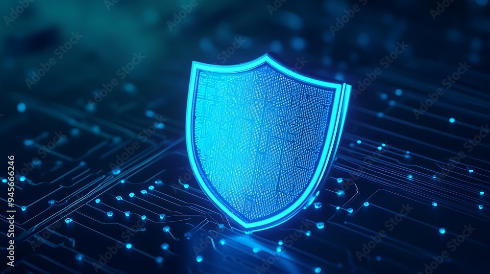 Poster Digital shield symbolizing cybersecurity on a blue circuit board background, representing data protection and technological security.
