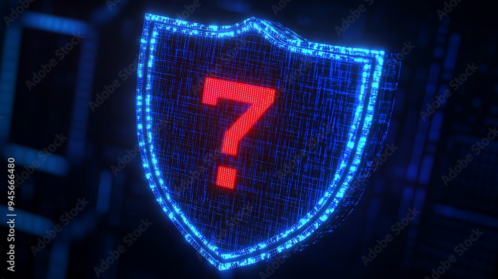Poster digital shield with a glowing question mark, representing cybersecurity uncertainty or data breach c