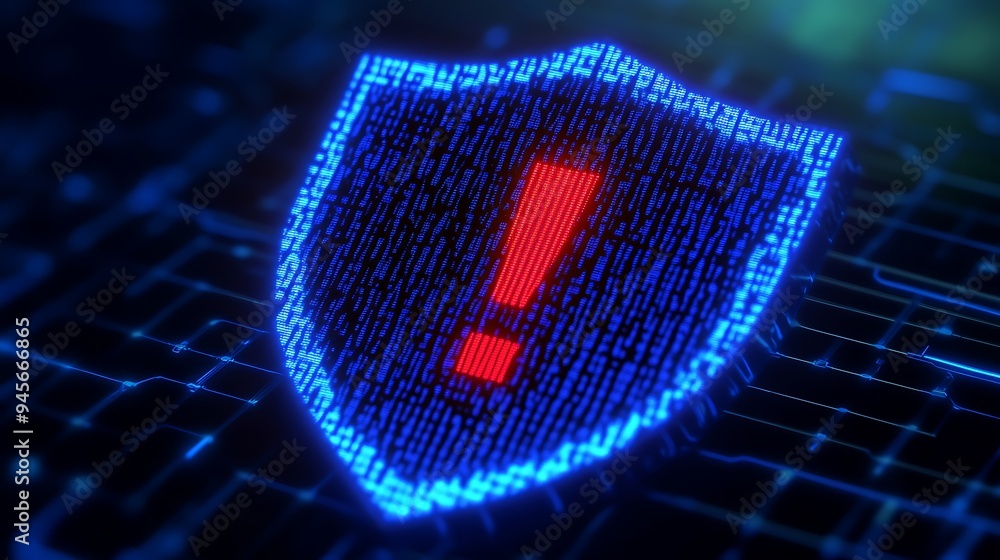 Poster digital shield with a red exclamation mark, representing a cybersecurity threat or alert in a virtua