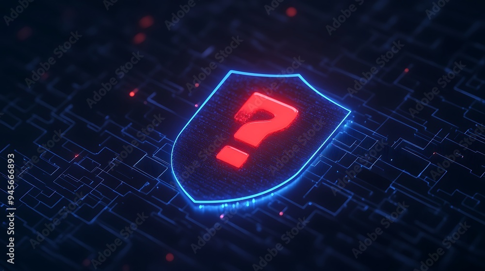 Poster digital shield with a red question mark, symbolizing cybersecurity questions and uncertainty on a da