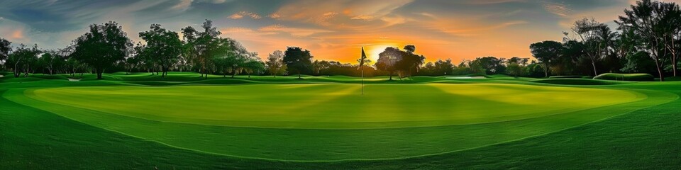 Fototapeta premium A golf course with a sunset in the background