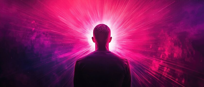 An abstract representation of a figure bathed in light, with radiant beams shooting outward, symbolizing glorification Abstract, Neon, High contrast