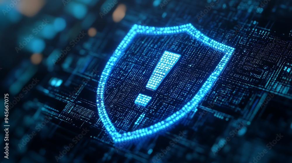 Poster digital shield with an exclamation mark, symbolizing cybersecurity alert and data protection in a te