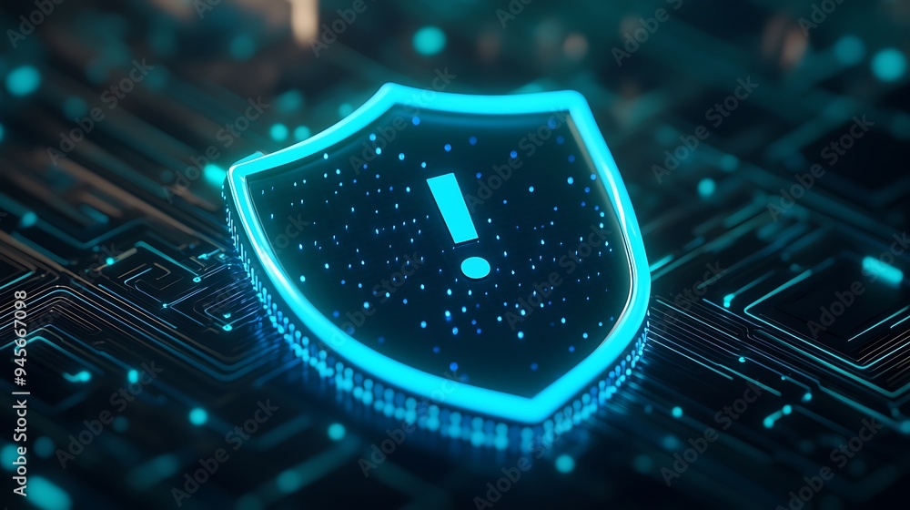 Poster digital shield with an exclamation mark indicating cybersecurity alert, glowing on a background of c
