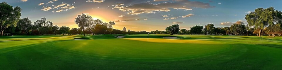 A golf course with a sunset in the background
