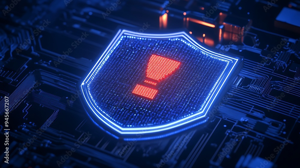 Poster digital shield with an exclamation mark representing cybersecurity alert or warning on a circuit boa
