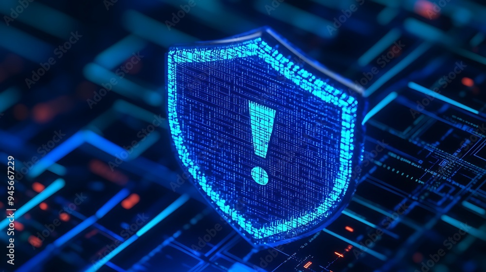 Poster digital shield with an exclamation mark represents cybersecurity and data protection in a futuristic