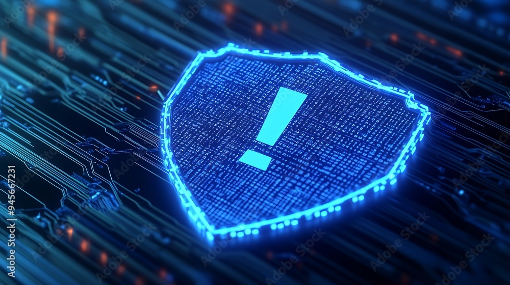 Poster digital shield with an exclamation mark represents cybersecurity threat alert over a blue tech backg