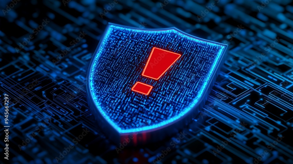 Poster digital shield with an exclamation mark symbolizing cybersecurity alert or data breach on a blue fut