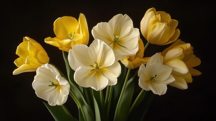 Yellow and White Tulips on a Black Background