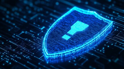 Digital shield with an exclamation mark symbol, representing cybersecurity protection on a futuristic circuit board background.