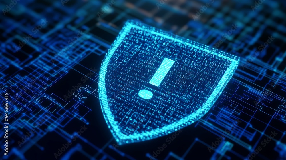 Aufkleber digital shield with an exclamation symbol representing cybersecurity and data protection on a blue d