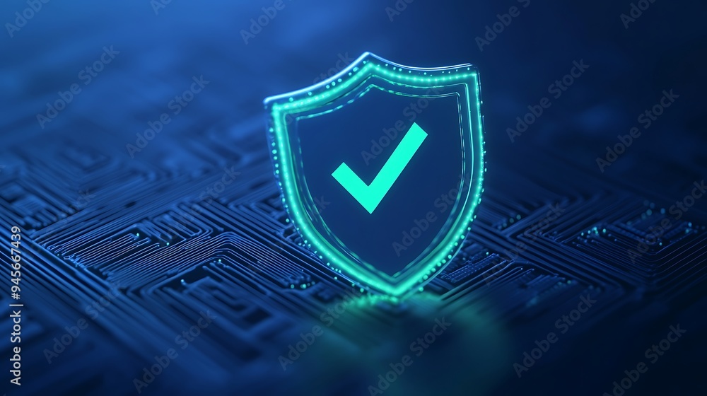 Poster digital shield with checkmark symbolizing cybersecurity protection on a blue tech background. high-t