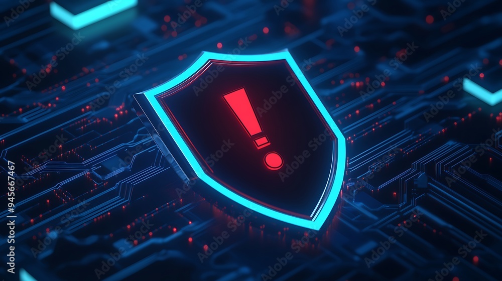 Poster digital shield with exclamation mark highlighting cybersecurity alert on a futuristic circuit board 