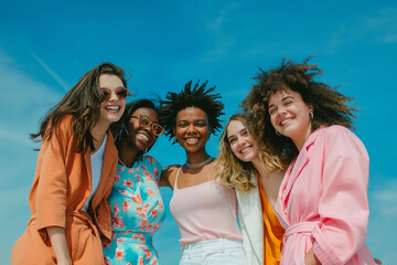 A group of five women are smiling and posing for a photo