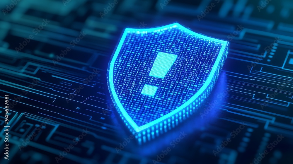 Poster digital shield with exclamation mark on a circuit board, symbolizing cybersecurity, data protection,