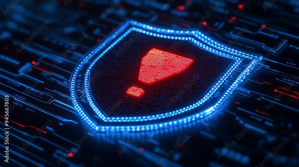 Poster digital shield with exclamation mark representing a security warning or cybersecurity threat on a da