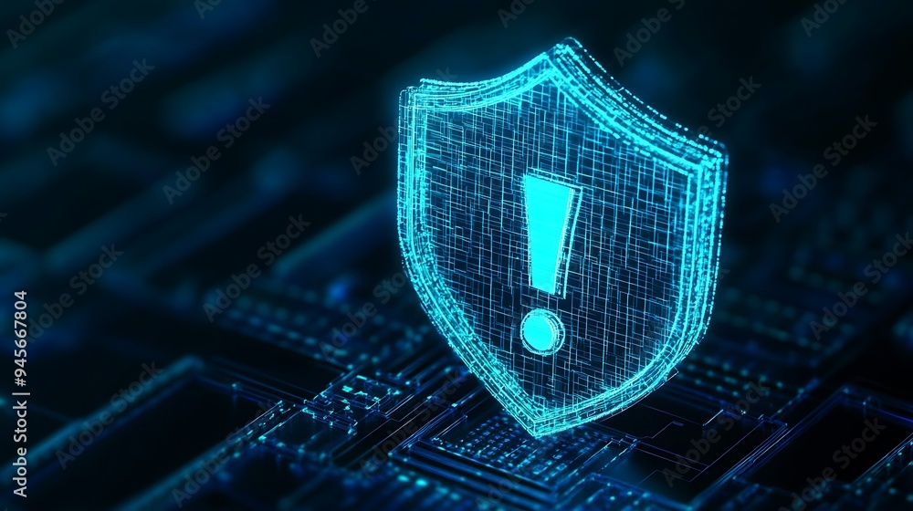 Poster Digital shield with exclamation mark representing cybersecurity alert and data protection. Futuristic technology concept for online security.
