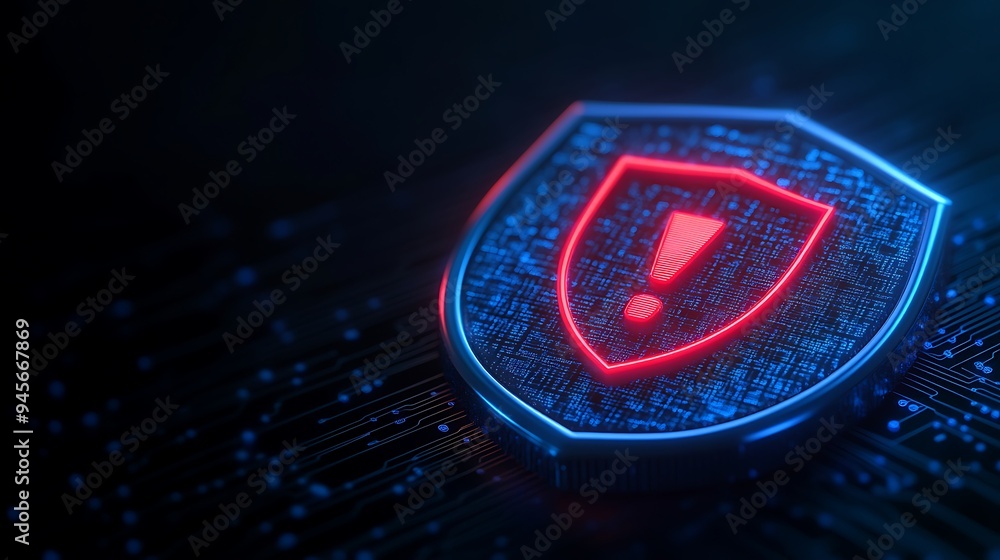 Poster digital shield with exclamation mark representing a cybersecurity alert, warning, or data protection