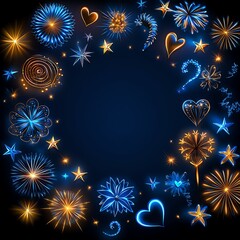 Fototapeta premium A vibrant frame of colorful fireworks and sparkling elements on a dark background, perfect for festive celebrations.