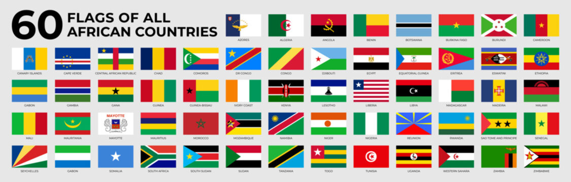 A set of rectangle flags of African countries in alphabetical order. Detailed national flags of African countries, including small states and partially African countries. Vector illustration