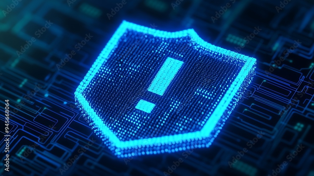 Poster Digital shield with exclamation mark signifying cybersecurity, data protection, and network security in a blue glowing circuit background.