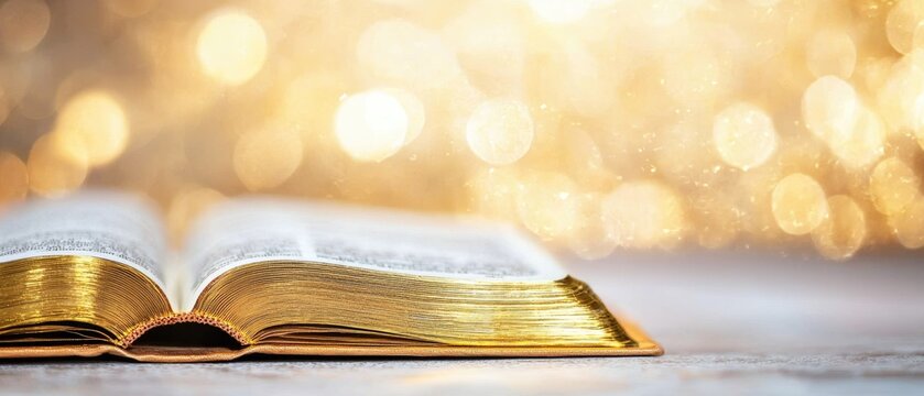 A close-up of the testament's pages turning on their own, with a golden aura, representing eternal conviction Realism, Glowing, High detail
