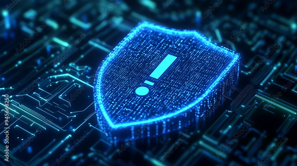 Aufkleber digital shield with exclamation mark symbolizing cybersecurity alert over circuit board, emphasizing
