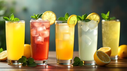 Fototapeta premium Different fresh lemonades in glasses with ice cubes, cocktail glasses concept