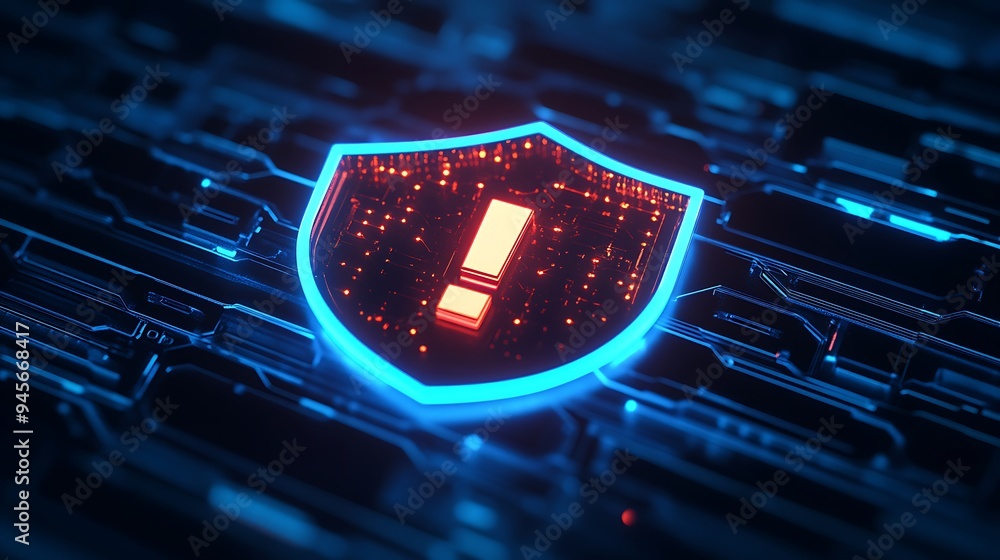 Poster digital shield with glowing exclamation mark symbolizing cybersecurity alert on a futuristic circuit