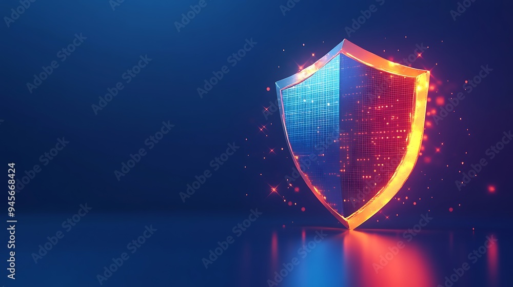 Poster digital shield with glowing orange and blue lights, symbolizing cybersecurity and data protection. s