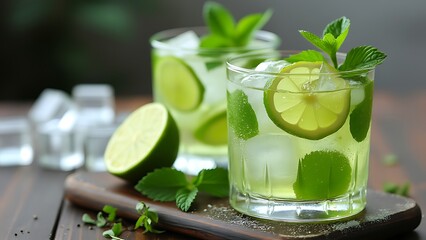 Alcohol cocktails with lime, ice cubes and mint on table