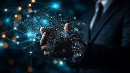 Businessman hand touching global network and data exchanges over the world 3D rendering