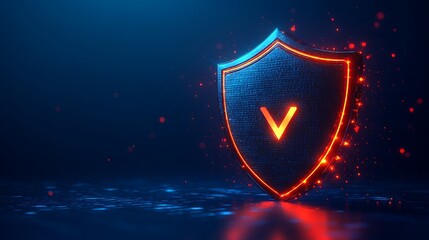Fototapeta premium Digital shield with glowing V symbol in futuristic design. High-tech security and data protection illustration in dark background.