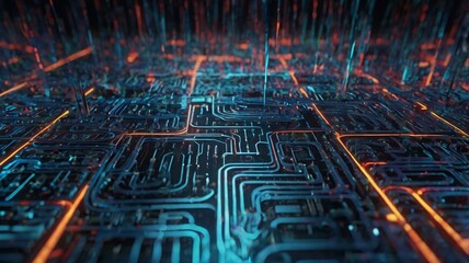 A high-tech representation of intricate digital circuits and data streams in a futuristic abstract design, perfect for illustrating advanced technology concepts.