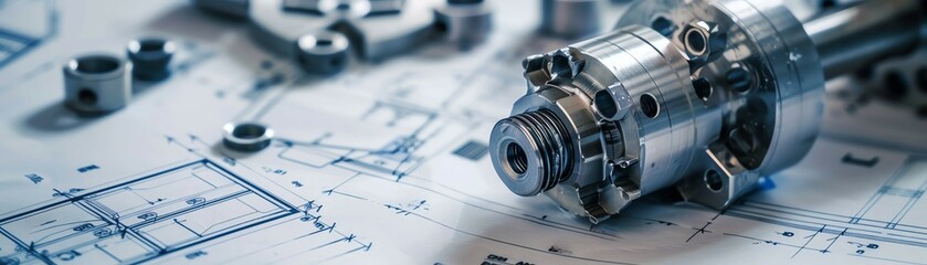 High-precision mechanical part with technical blueprints in the background, illustrating engineering and manufacturing concepts.