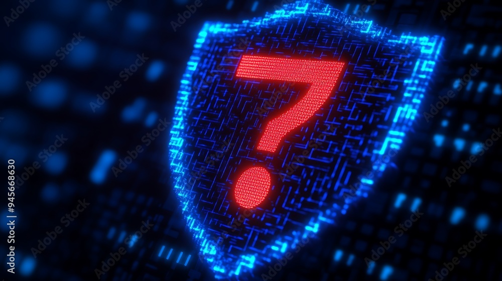 Poster digital shield with question mark symbol in red, representing a cybersecurity issue or uncertainty i