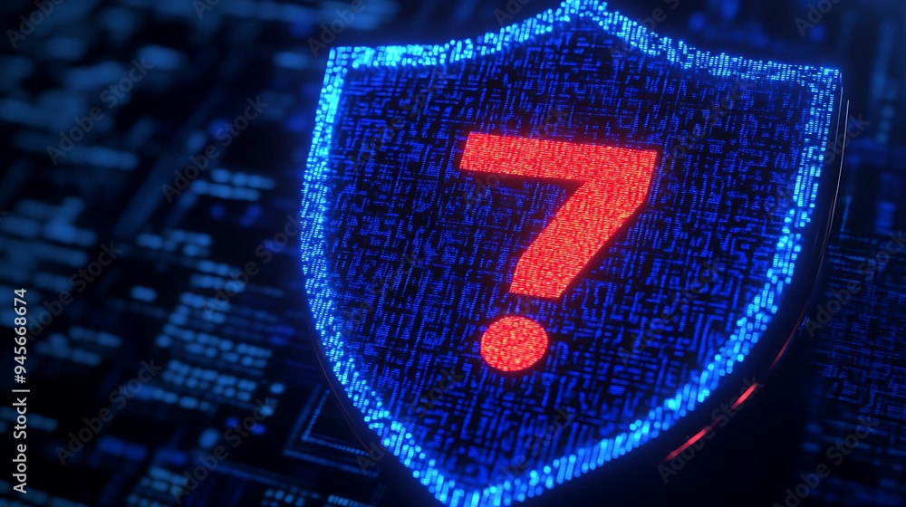 Poster digital shield with question mark symbolizing cyber security uncertainty and online threat detection