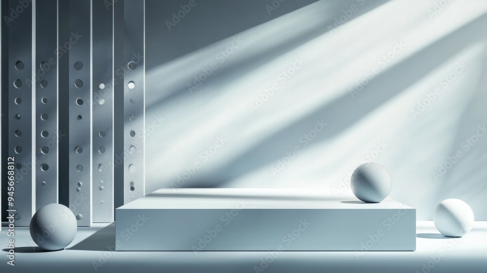 Poster an abstract 3d platform podium with floating elements and dynamic shadows, creating a visually strik