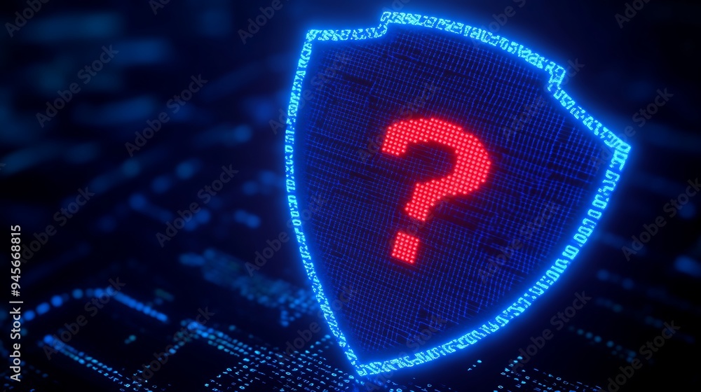 Poster digital shield with question mark symbolizing cybersecurity uncertainty; represents risk, protection