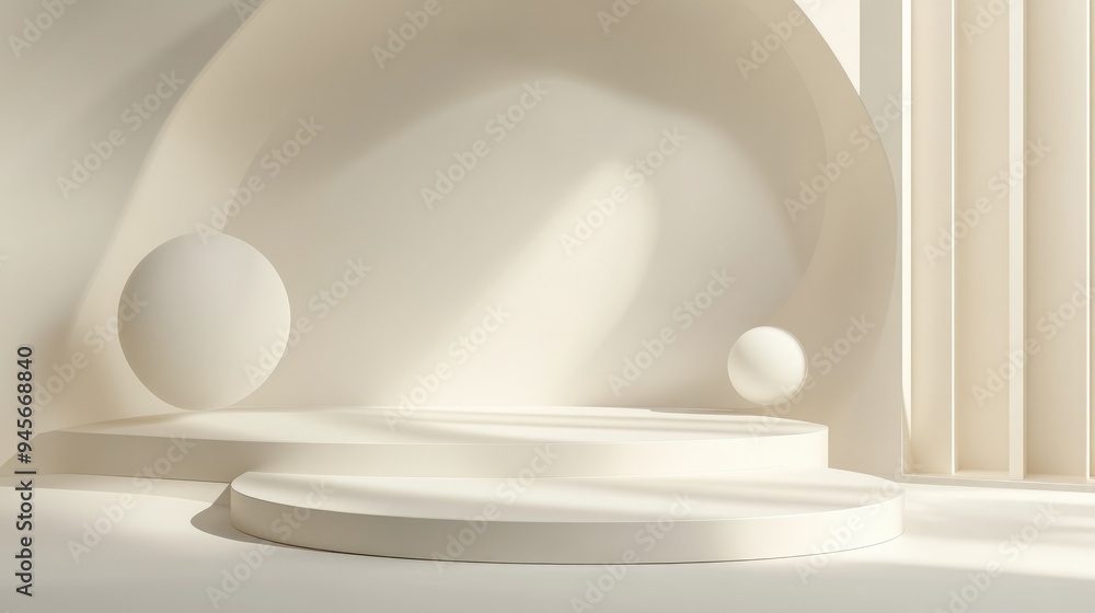 Poster an abstract 3d platform podium with floating elements and dynamic shadows, creating a visually strik