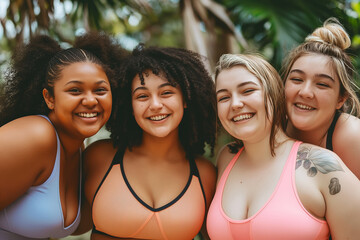Fototapeta premium Four women with different hair colors and styles are smiling for the camera