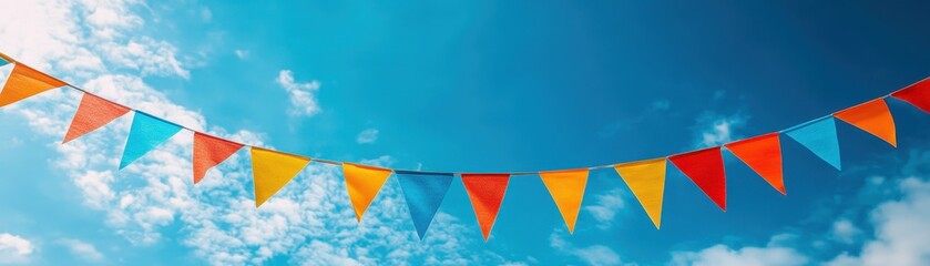 Colorful Triangular Pennant Flags Against a Bright Blue Sky with Fluffy Clouds