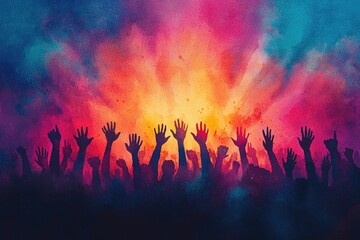 A gathering of figures in a circle, hands raised, illuminated by divine light, showing communal belief and praise Surreal, Ethereal lighting, Watercolor