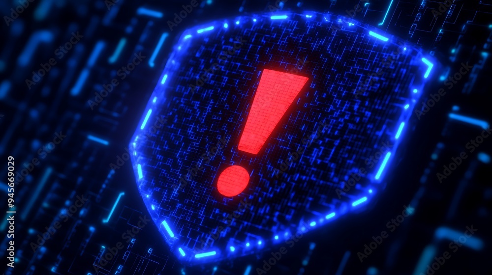 Poster digital shield with red exclamation mark symbolizing cybersecurity warning on a glowing blue matrix 
