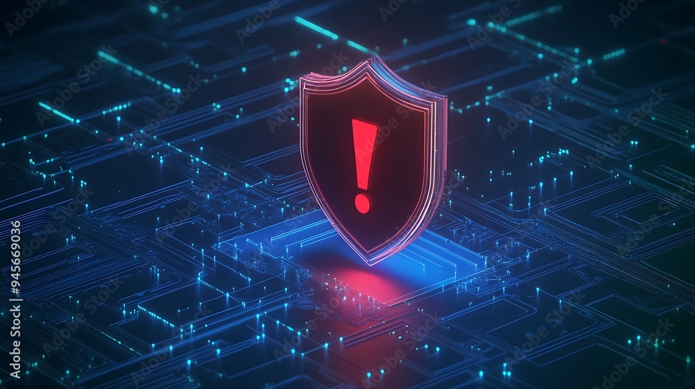Poster digital shield with red exclamation mark symbolizing cybersecurity alert on futuristic digital backg