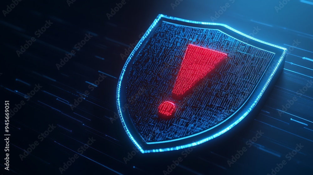 Poster digital shield with red exclamation mark symbolizing cybersecurity warning. abstract security alert 